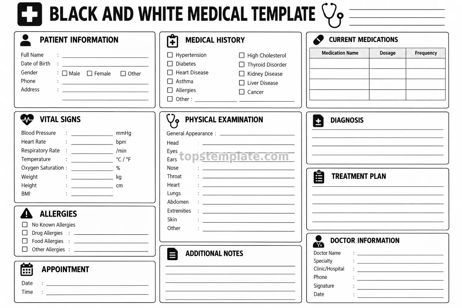 Clean black and white medical template with patient information, medical history, medications, vital signs, examination, diagnosis, and treatment sections