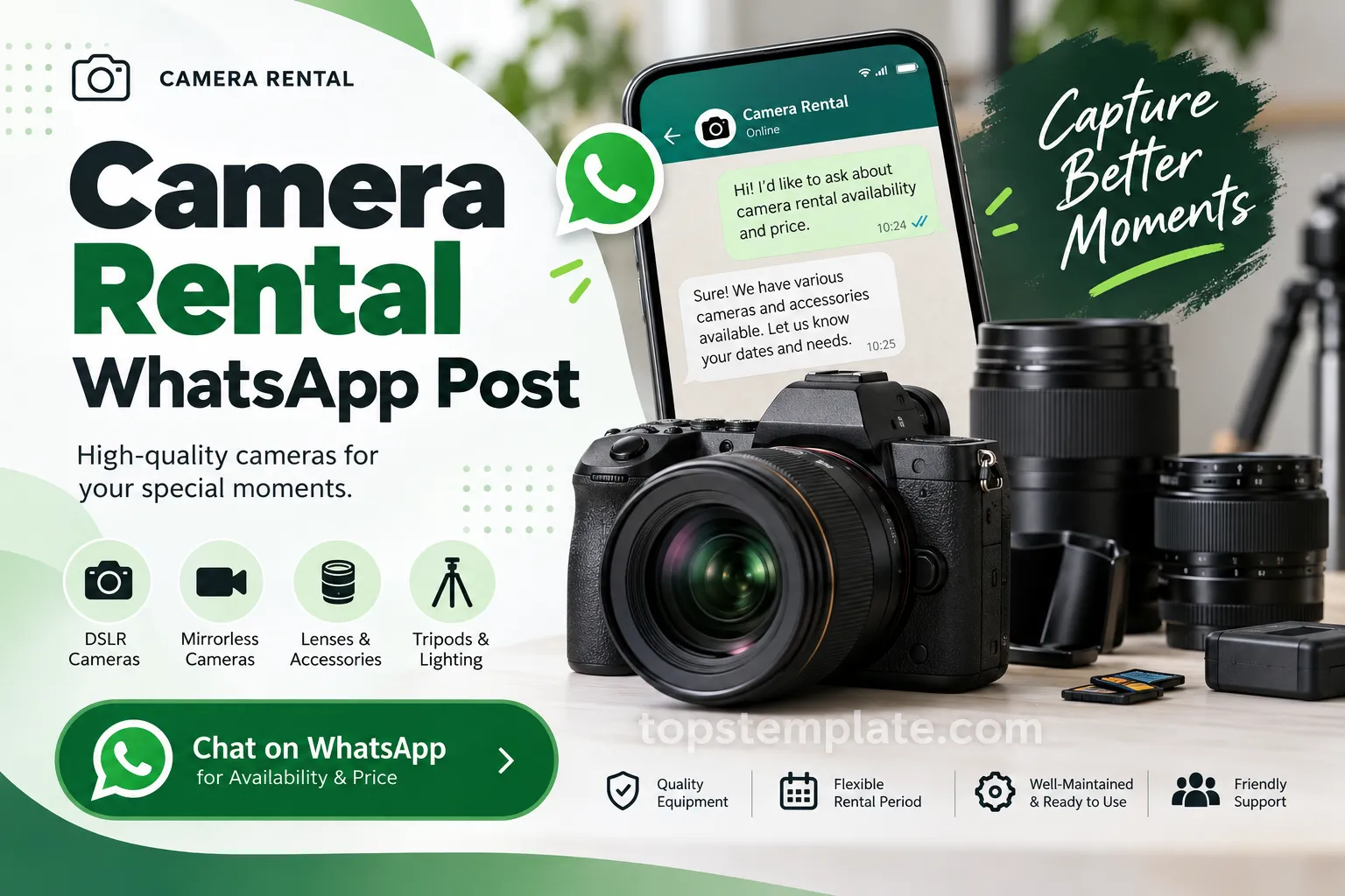 Camera rental WhatsApp post template for promoting photography equipment and rental services