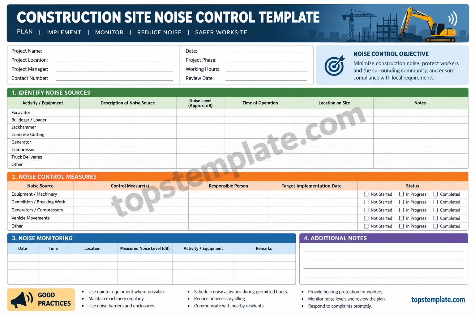 Construction site noise control template for planning and managing construction noise