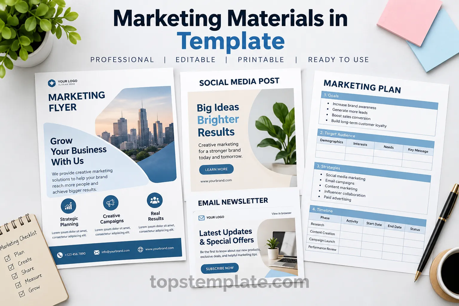 Marketing materials in template with editable flyer, social media post, email newsletter, and marketing plan designs