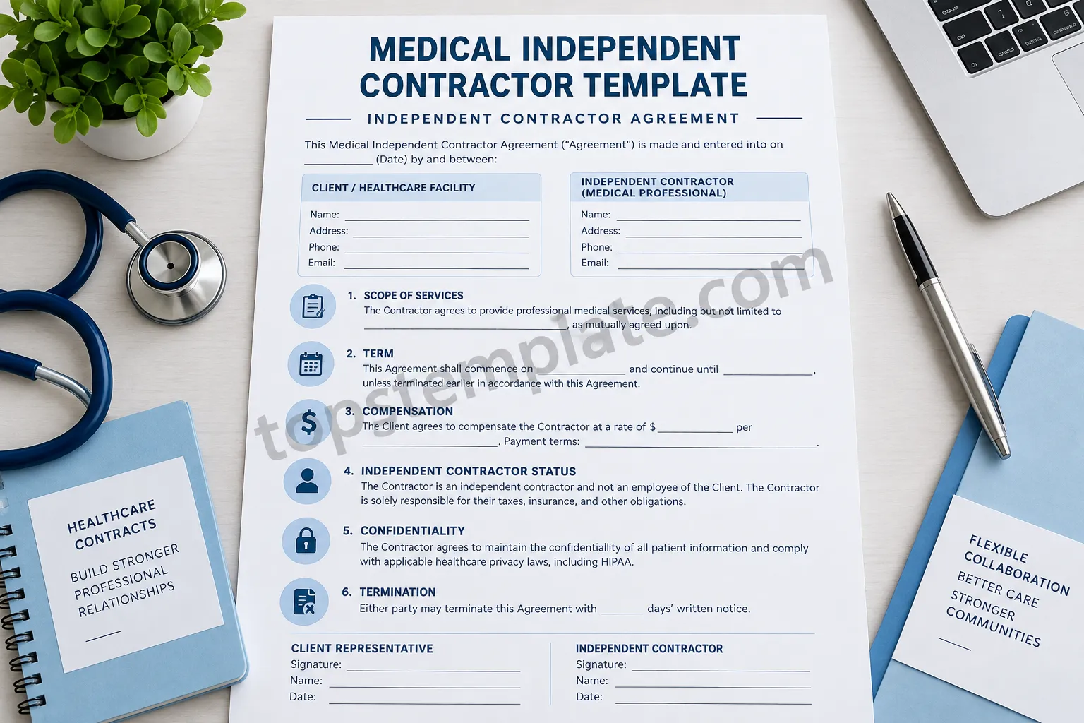 Printable medical independent contractor agreement template showing healthcare service, compensation, confidentiality, and termination sections.