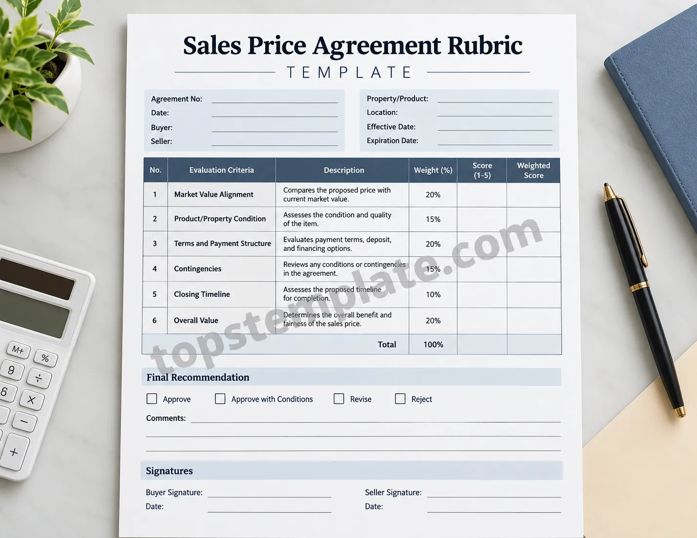 Printable sales price agreement rubric template with evaluation criteria, weighted scores, recommendation, and signature fields.